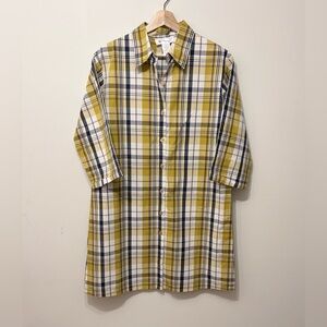 SHIRT DRESS -  Mustard/Navy Plaid Button-Front Shift Shirt Dress